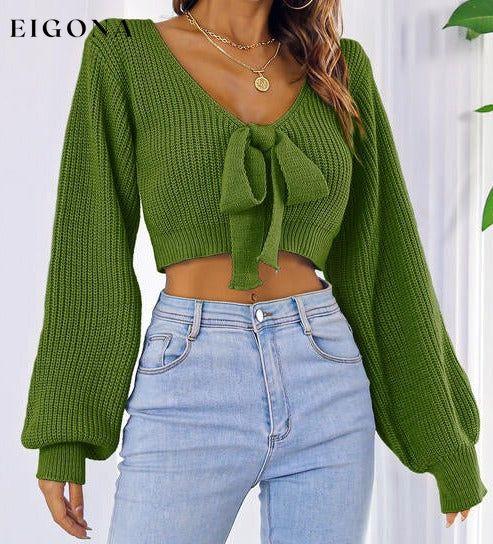 Bow V-Neck Long Sleeve Cropped Sweater Green clothes crop top crop tops croptop long sleeve shirt long sleeve shirts long sleeve top long sleeve tops M.Y.C Ship From Overseas shirt shirts Sweater sweaters top tops