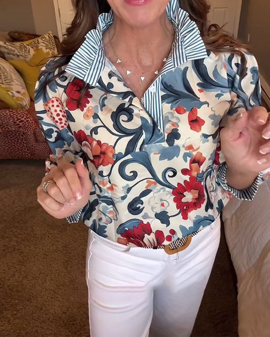 Puff Sleeve Floral Striped Blouse