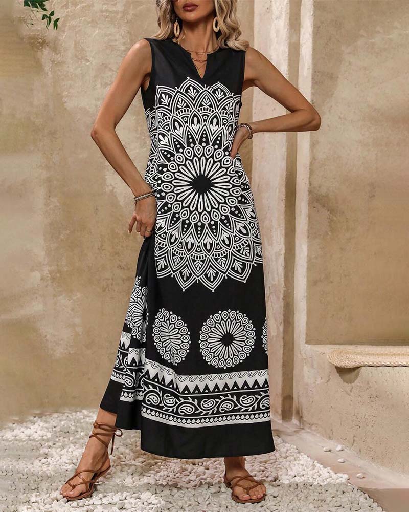 Retro print pocket sleeveless maxi dress casual dresses summer vacation dresses