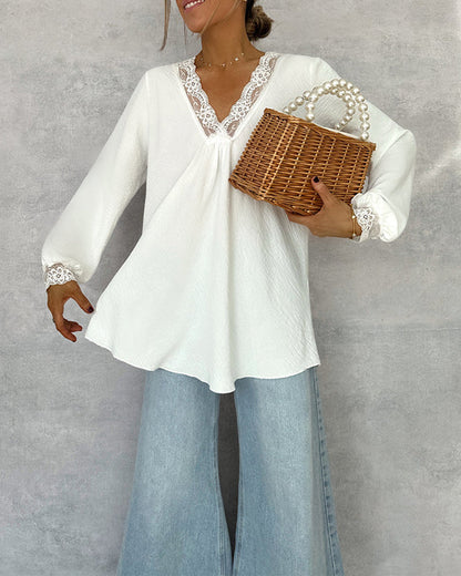 V-Neck Lace Long-Sleeved Blouse