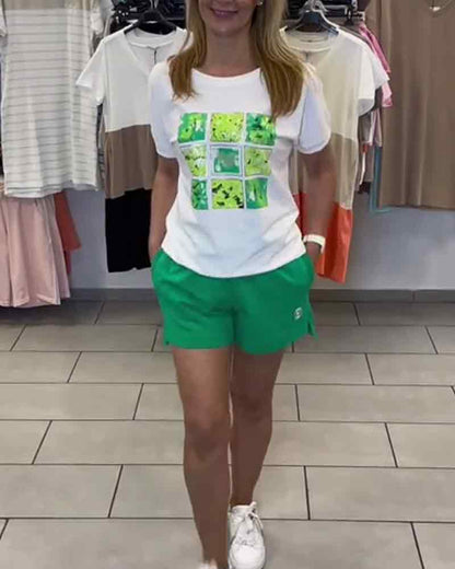 Casual Printed Mid-Rise Shorts Set