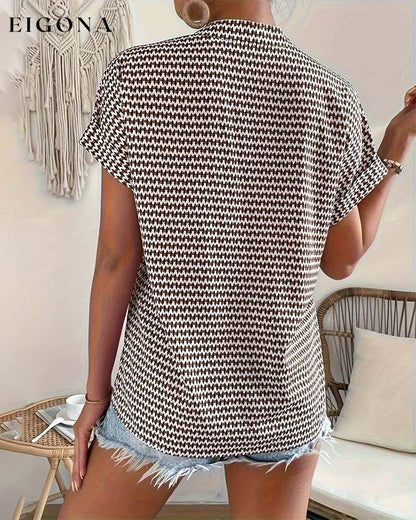 Houndstooth print v-neck elegant short sleeve top blouses & shirts summer