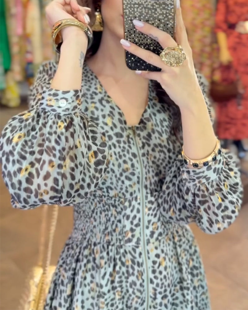 Puff Sleeve V-Neck Printed Dress