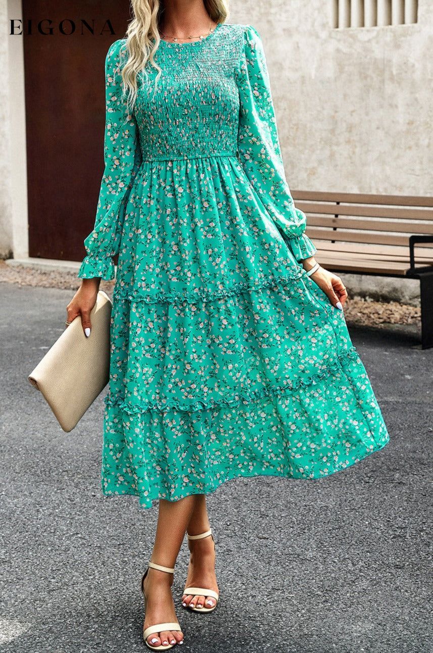 Smocked Flounce Sleeve Midi Dress Teal clothes DY Ship From Overseas trendsi