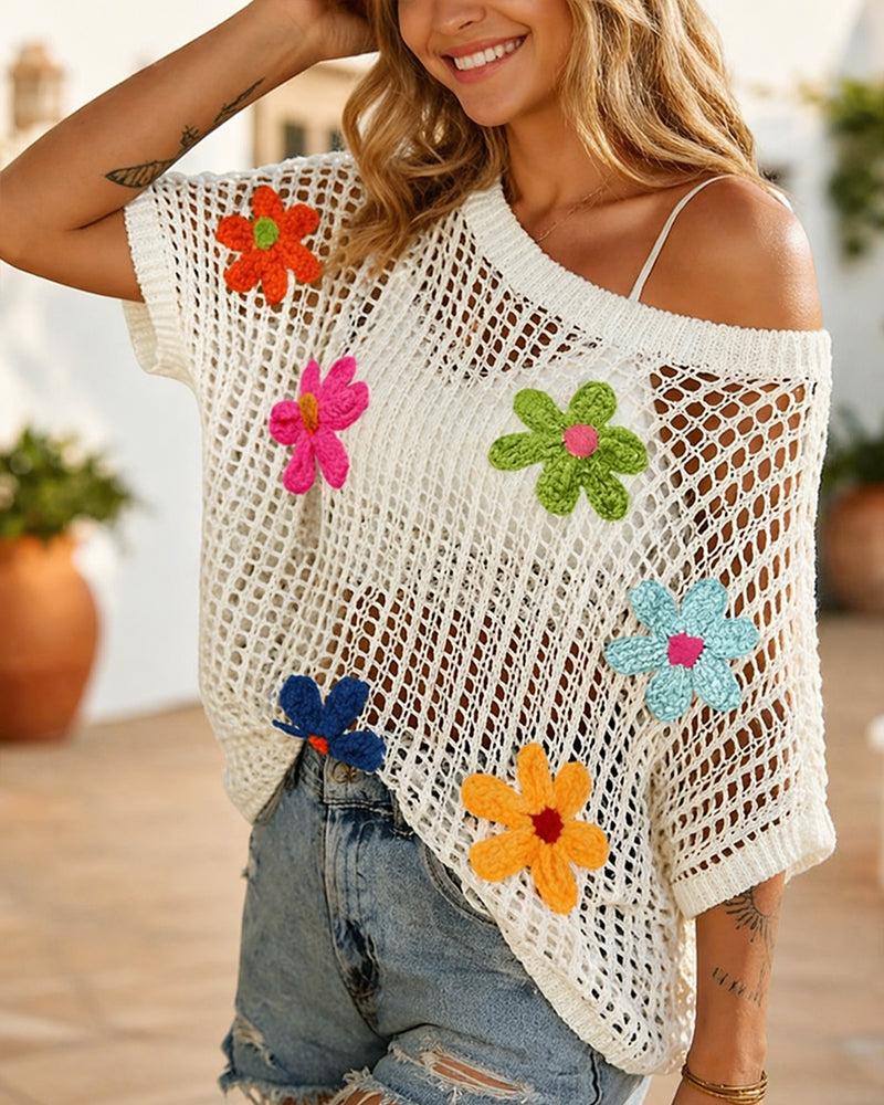 Hollow Out Crochet Appliqué Pullover