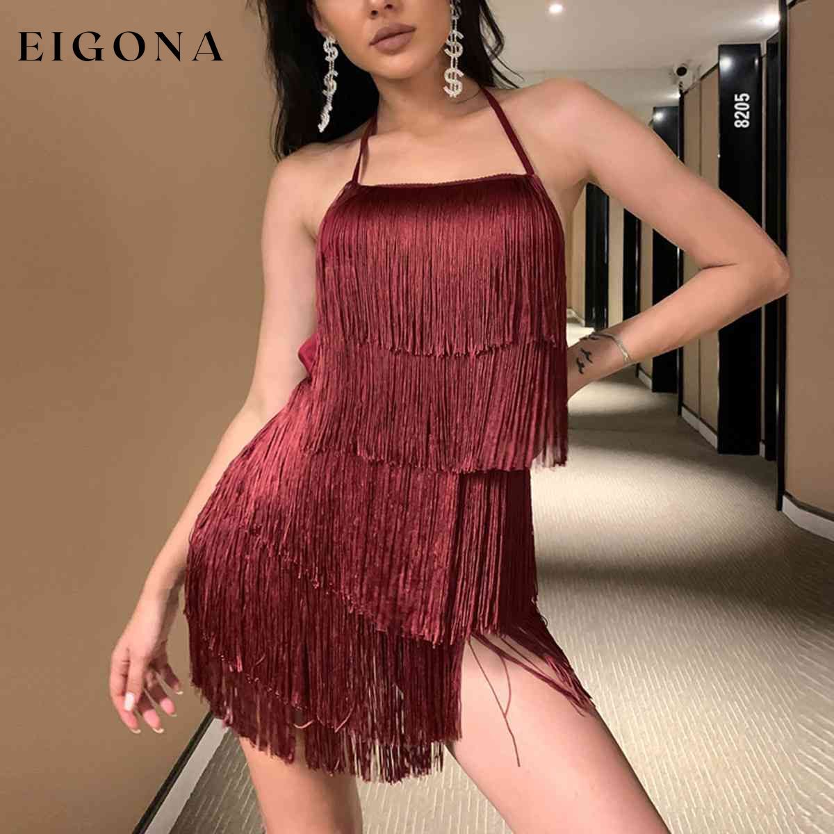 Fringed Halter Neck Tied Back Mini Dress Wine clothes D%W Ship From Overseas