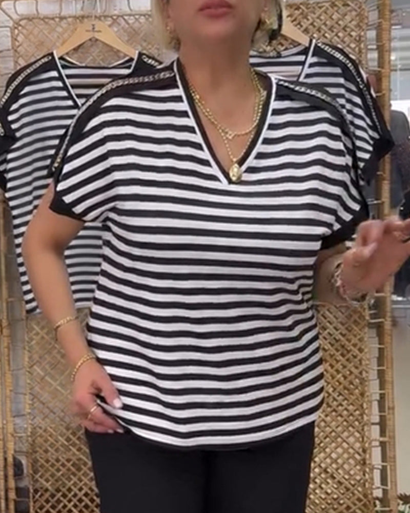 V-neck Striped Casual T-Shirt