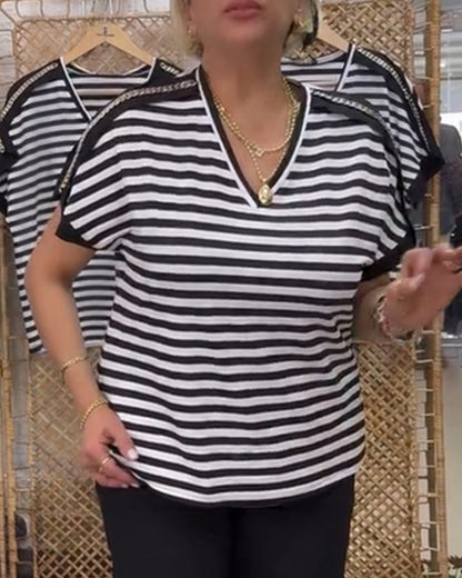 V-neck Striped Casual T-Shirt
