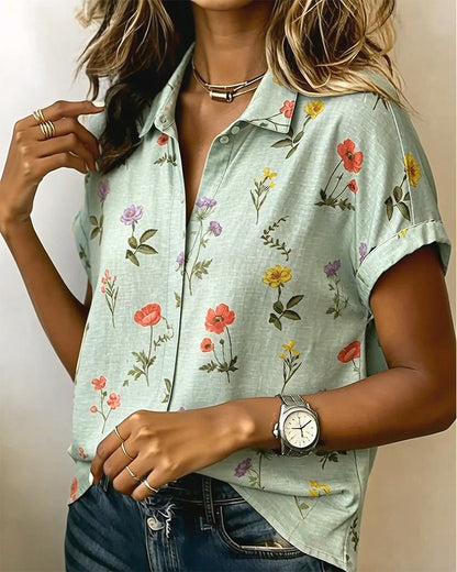 Turn-Down Collar Flower Print Short Sleeve Shirt