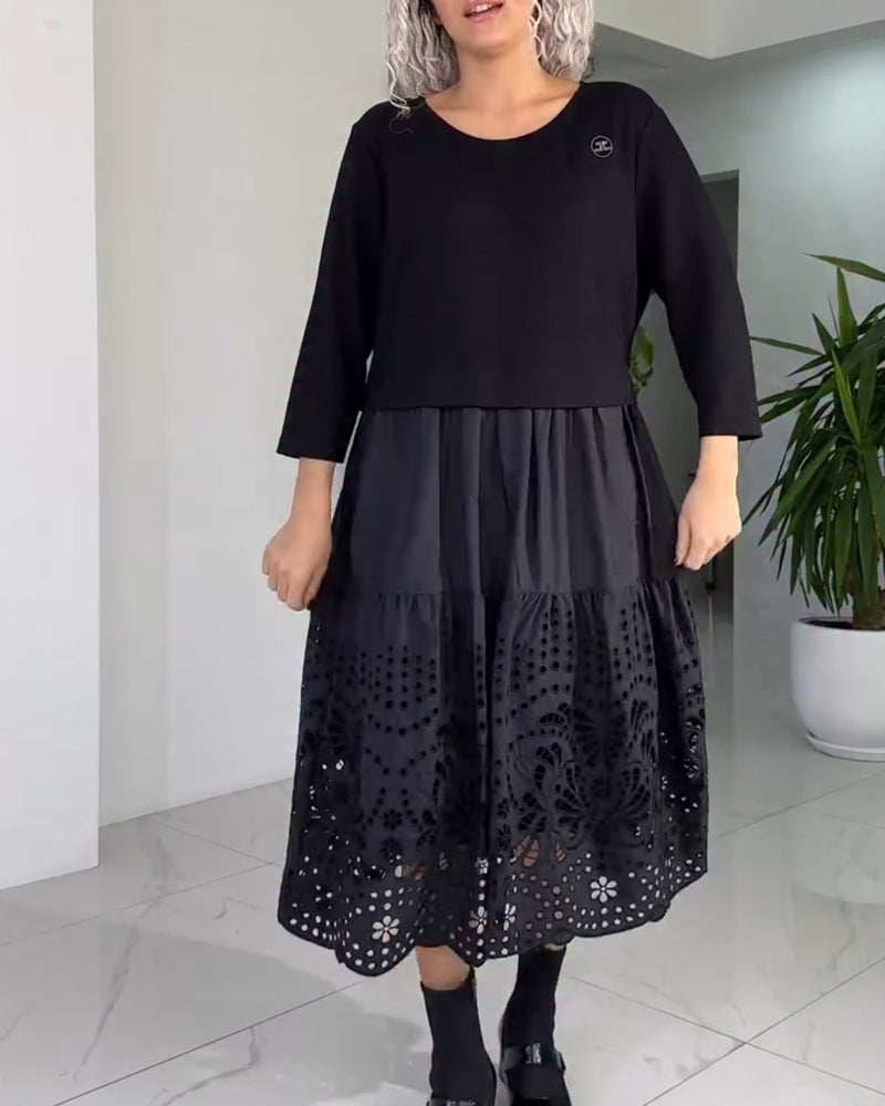 Hollow-Out Panelled Fashion Round Neck Dress