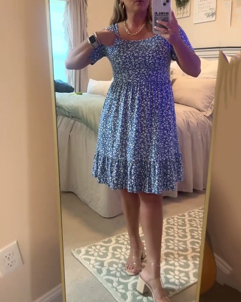 Square Neck Waist Floral Dress