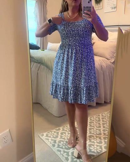 Square Neck Waist Floral Dress