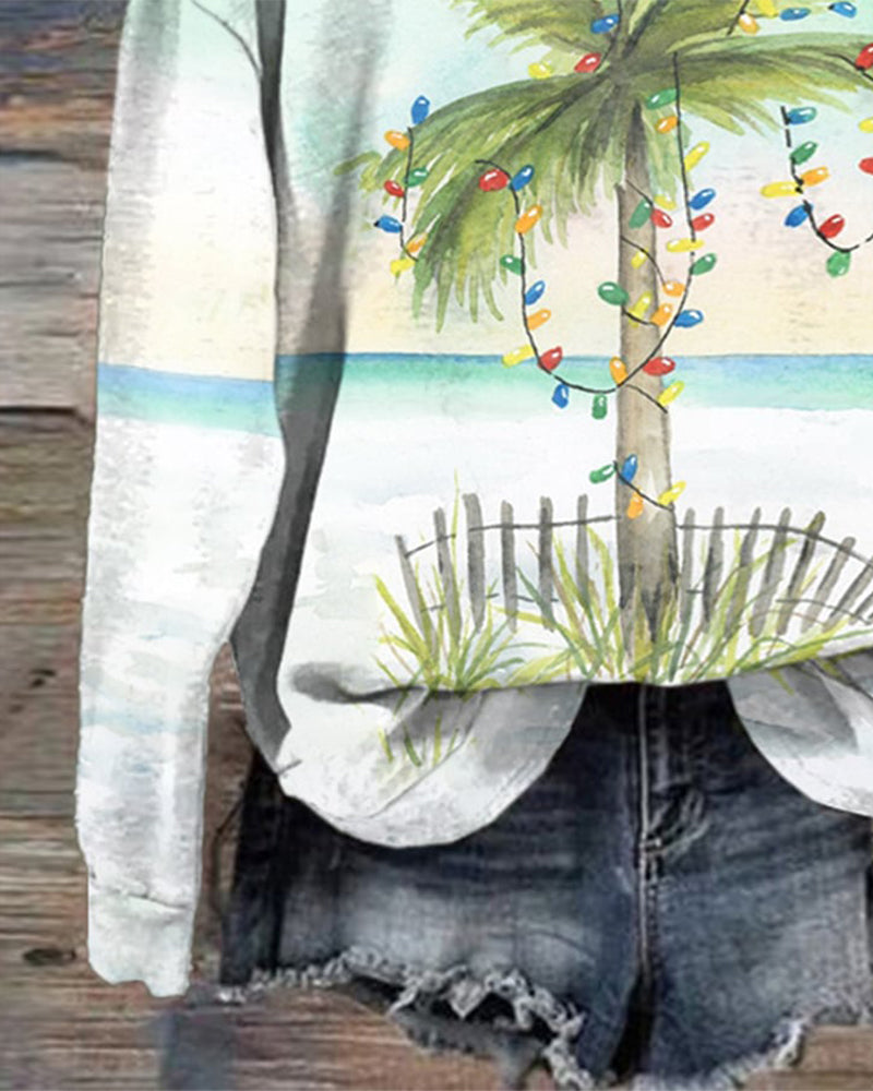 Women's Retro Florida Christmas Watercolor Palm Tree Print Hoodie 2024 f/w christmas hoodies