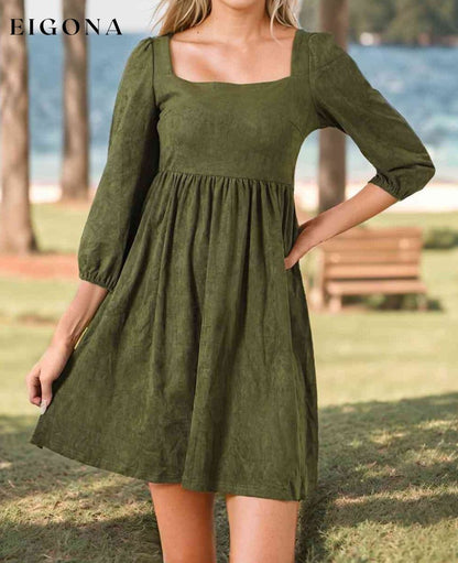 Square Neck Three-Quater Sleeve Mini Dress Moss casual dresses clothes dress dresses dressss long sleeve dresses long sleve dresses Ship From Overseas short dress short dresses SYNZ