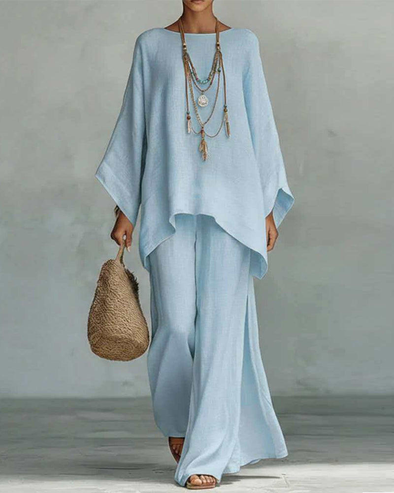 Solid color shirt and wide-leg pants suit