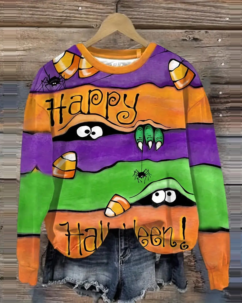 Cozy Plus Size Monster & Spider Print Sweatshirt 2024 f/w halloween sweatshirts