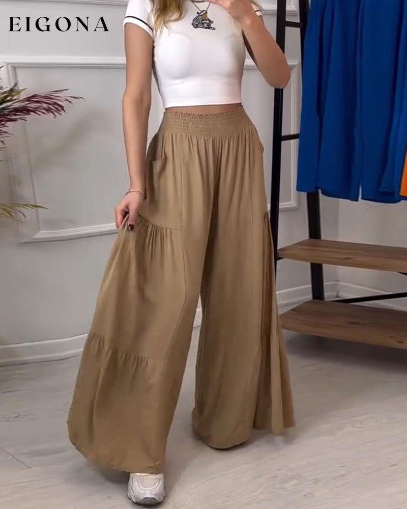 Stylish solid color pocket pleated wide leg pants pants spring summer