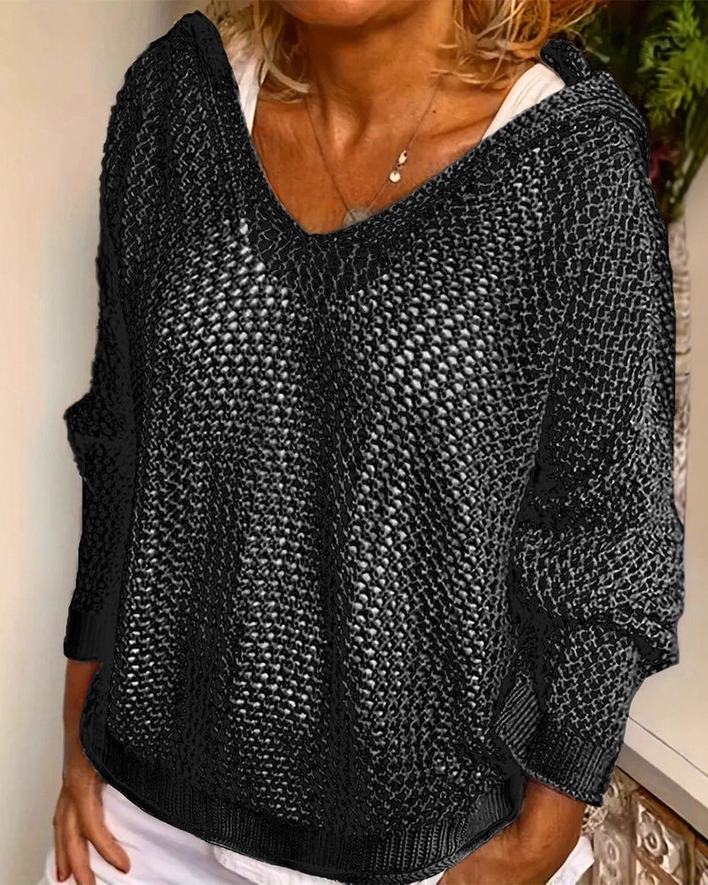 Dames Crochet Hollow Out Hooded Long Sleeve Tops