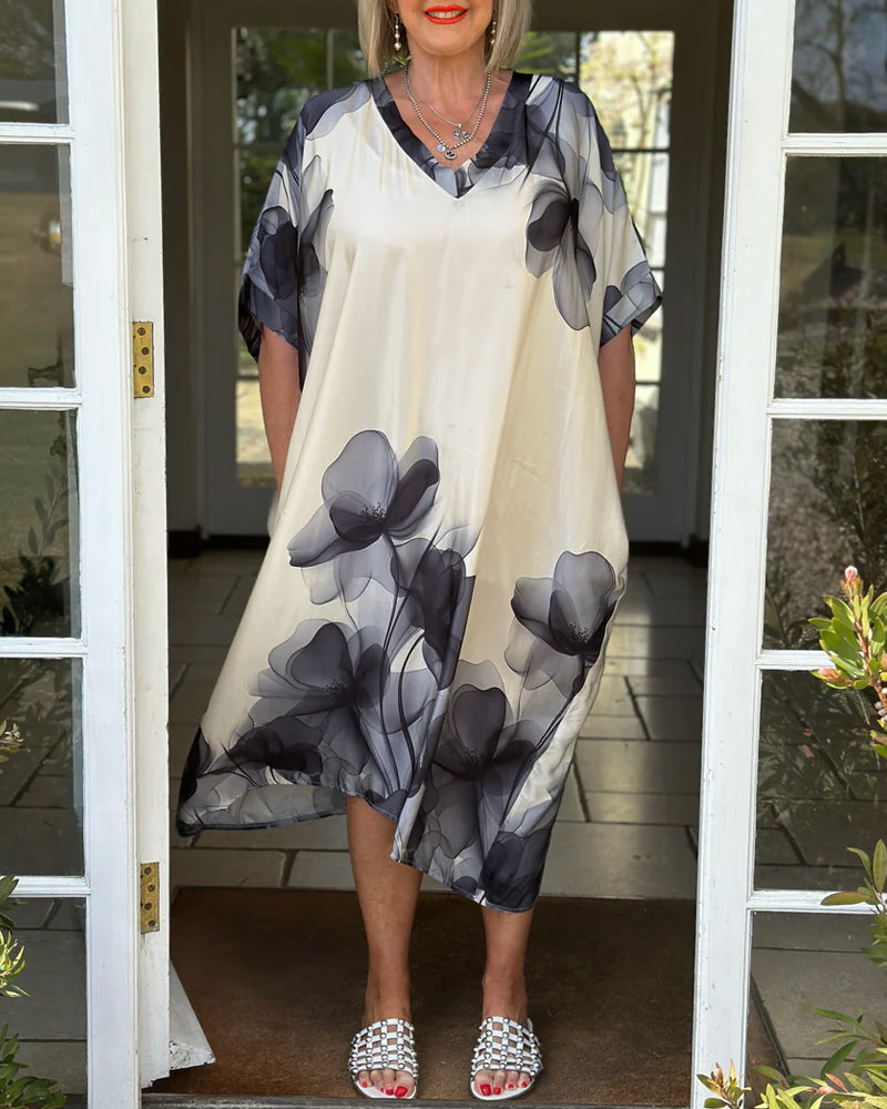 V-neck Loose Bat Sleeve Floral Dress