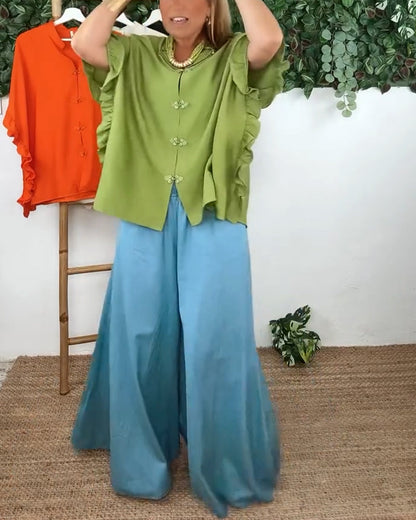 Lapel Button Bat Sleeve Shirt