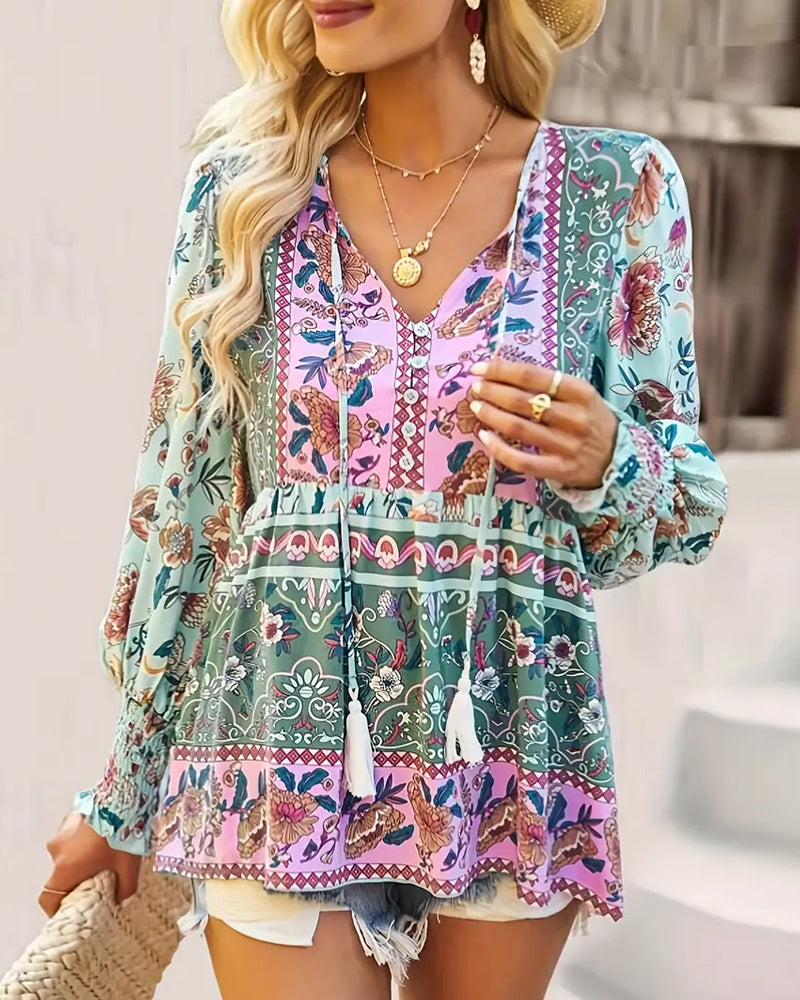 Lantern sleeve ethnic print blouse 2024 f/w blouses & shirts spring