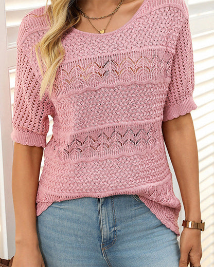 Women's Round Neck Hollow Knit Crochet Short Sleeve Sweater