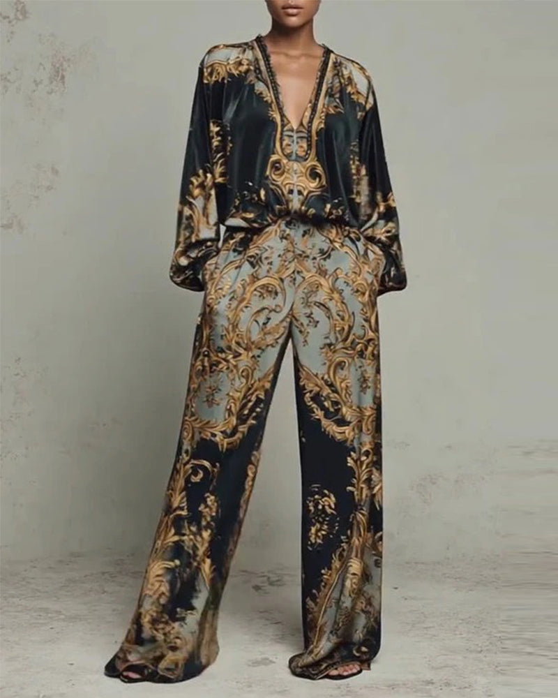 V-Neck Lantern Sleeve Wide Leg Pant Set
