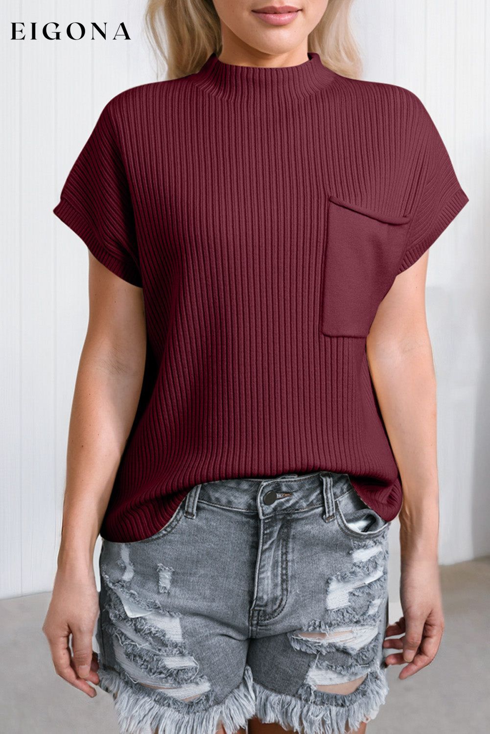 Ribbed Mock Neck Short Sleeve Knit Top Wine clothes Ship From Overseas SYNZ