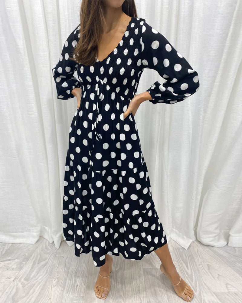 Polka dot print v-neck long sleeve elegant dress 202466 casual dresses spring summer