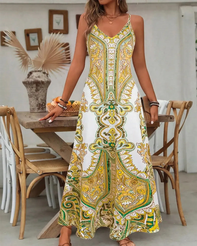 Vintage Print Camisole Maxi Dress