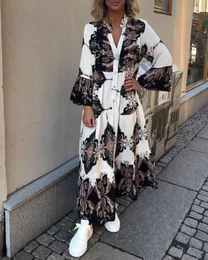 Trumpet Sleeve Stand Collar Retro Dress