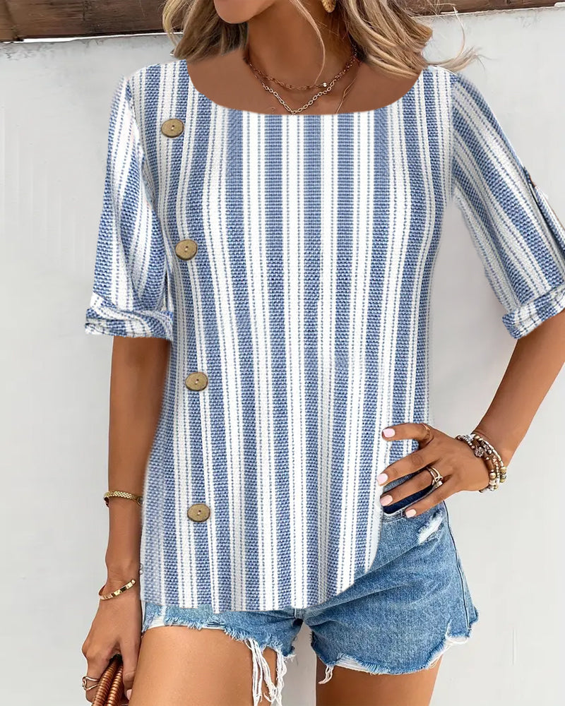 Round neck wooden button vertical striped casual top 2024 f/w blouses & shirts spring