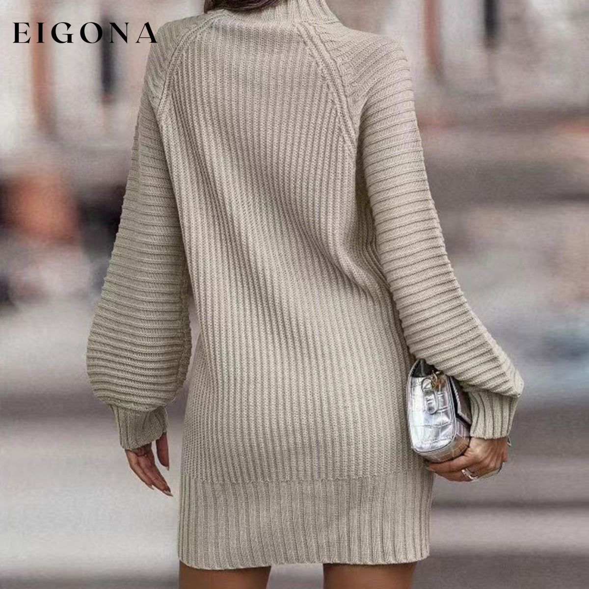 Mock Neck Lantern Sleeve Sweater Dress casual dresses clothes dress dresses Ship From Overseas Shipping Delay 09/29/2023 - 10/04/2023 sweater dress Y@Y@D@Y