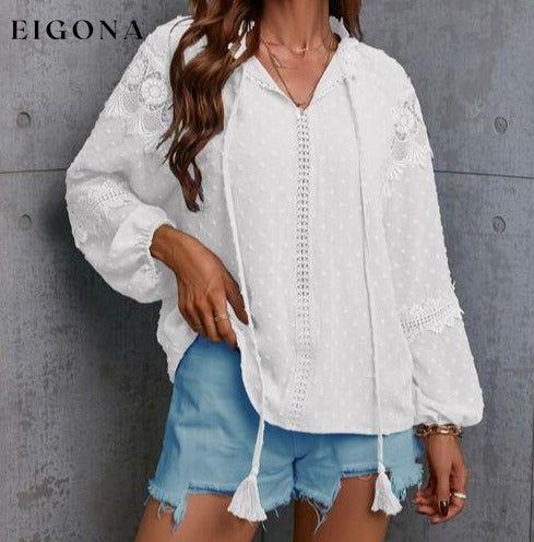 Crochet Tassel Tie Neck Long Sleeve Blouse White clothes G@S Ship From Overseas