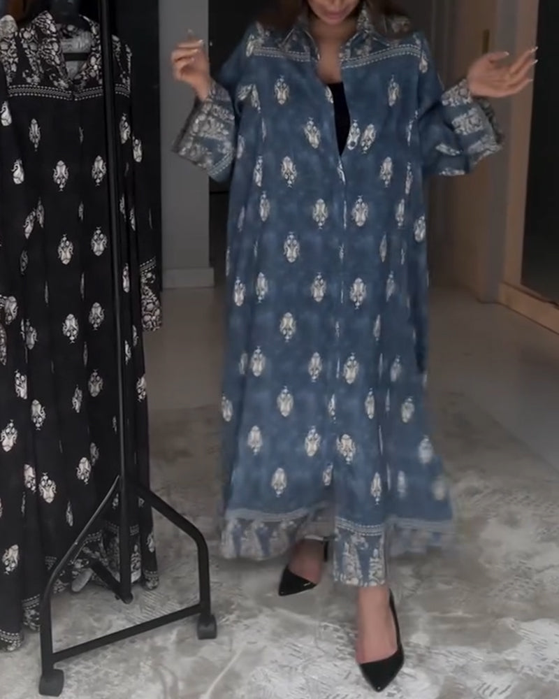 Retro Lapel Print Loose Dress