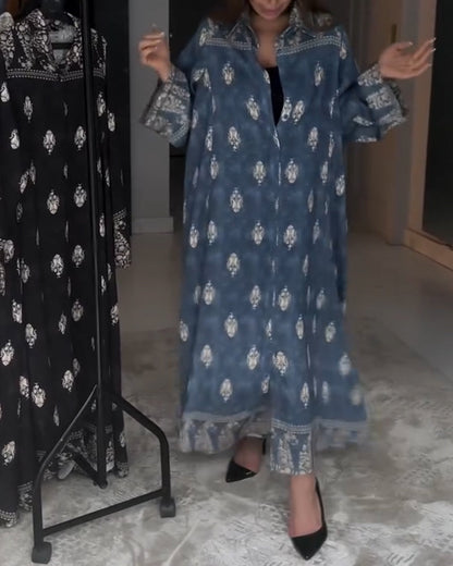 Retro Lapel Print Loose Dress