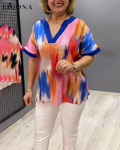 Colorful V-neck short-sleeved top blouses & shirts spring summer