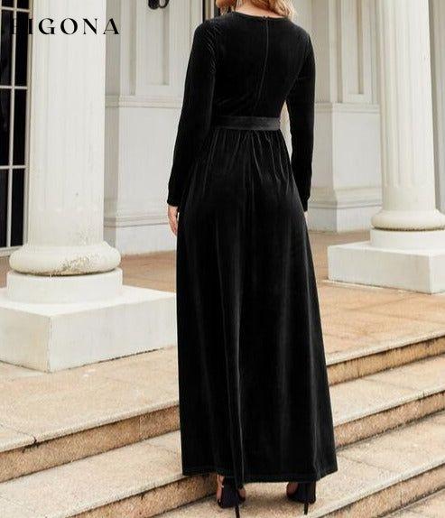 Tie Front Round Neck Long Sleeve Maxi Dress A@Y@Y clothes Ship From Overseas