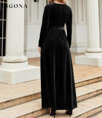 Tie Front Round Neck Long Sleeve Maxi Dress A@Y@Y clothes Ship From Overseas