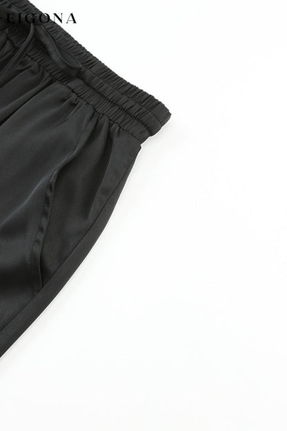 Black Satin Pocketed Drawstring Elastic Waist Pants All In Stock bottoms clothes DL Exclusive Early Fall Collection Fabric Satin Occasion Daily pants Print Solid Color Season Fall & Autumn Style Modern