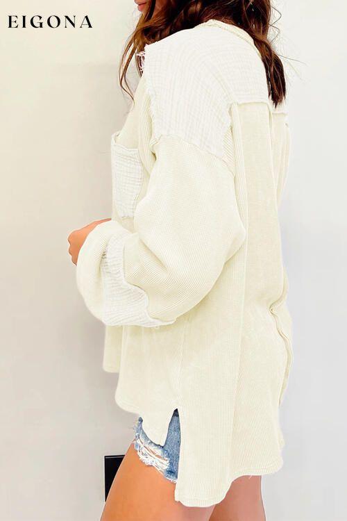 Waffle-Knit Exposed Seam Lantern Sleeve Blouse clothes Ship From Overseas SYNZ