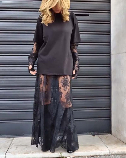 Zweiteiliges Set – einfarbiges T-Shirt und Spitzenrock