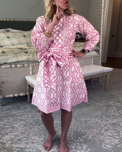 Lantern Sleeves Stand Collar Printed Loose Dress