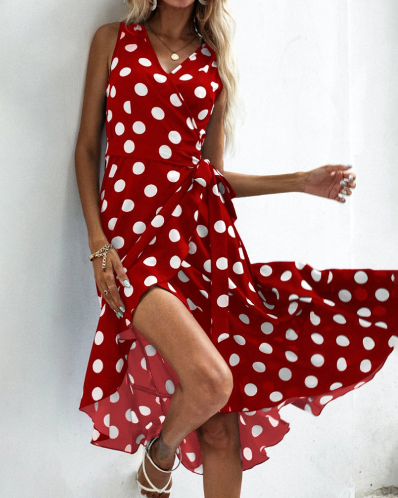 Polka dot print strappy sleeveless elegant dress casual dresses party dresses summer