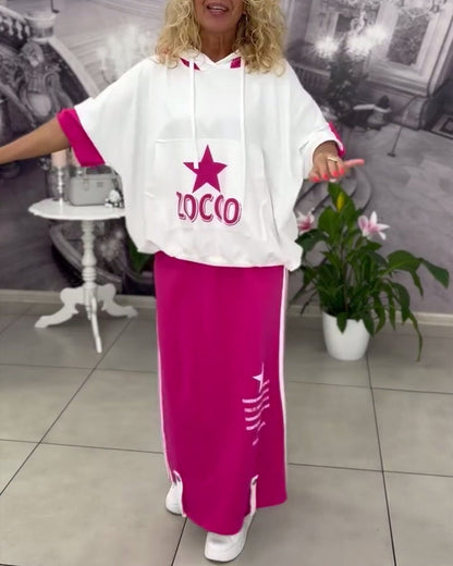 Hooded Drawstring Printed Skirt Set