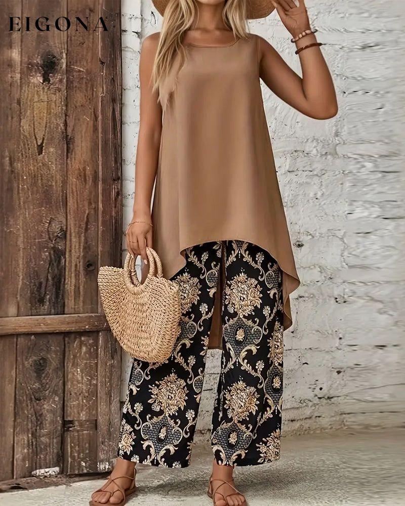 Solid color irregular tank top printed pants retro round neck set spring summer two-piece sets