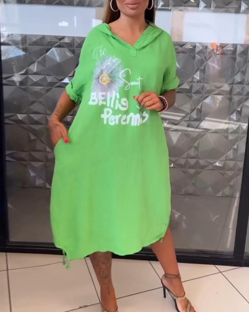 Hooded Printed Casual Shift Dress