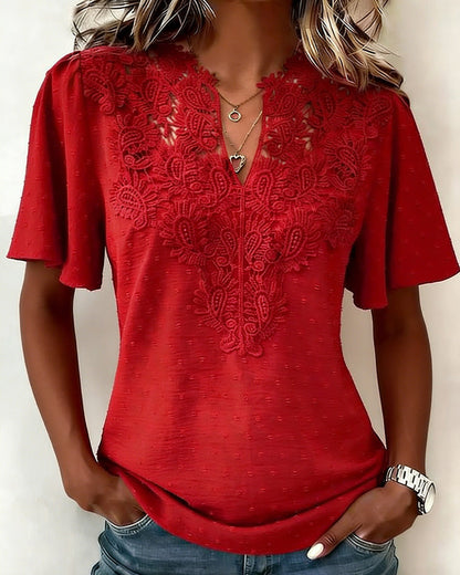 Lace V-Neck Short Sleeve Blouse