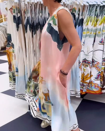 Sleeveless Landscape Painting Loose Dress