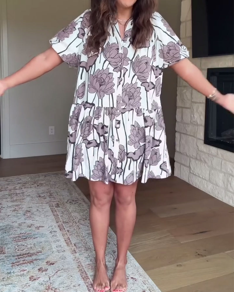 Puff Sleeve Floral Print Casual Dress